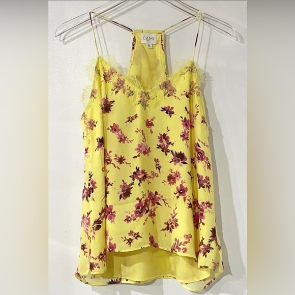 Cami NYC Georgette Silk Lacey Racer Tank in Hibiscus Floral Yellow S‎ - Picture 2 of 6